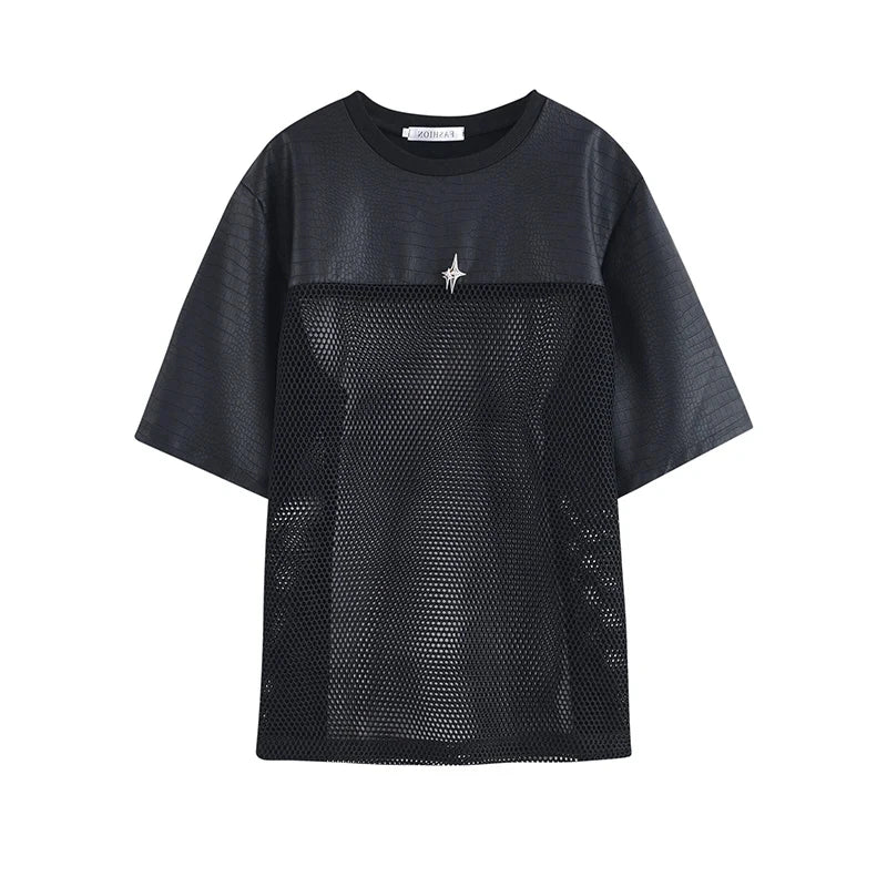 Voguable  Hollow Out Mesh Splicing Design T-shirt Short Sleeve Men's 2024 Summer Street High Quality Solid Color Trendy Tops voguable