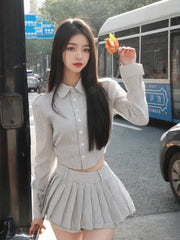 Voguable  Sweet Hot Girls Sexy Preppy Style Suit Women's Spring/Autumn Irregular Long-sleeved Short Shirt Pleated Mini Skirt Two-piece Set voguable