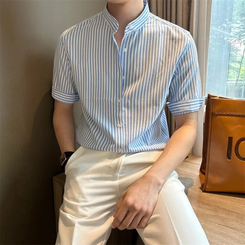 New Fashion Striped Stand Collar Men Shirts Luxury Casual Textured Half Sleeve Cardigan Tops Summer Business Slim-fit Blouse voguable
