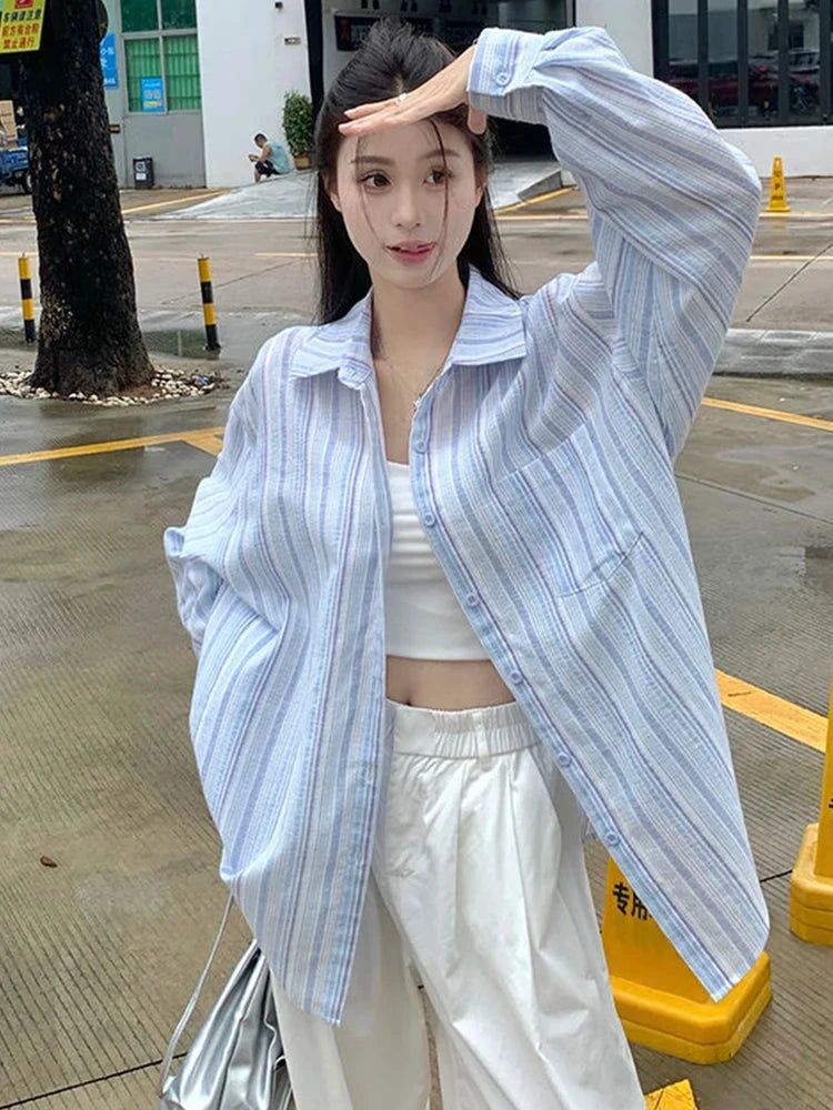 Sweet Casual Women Striped Shirts Loose Long Sleeve Vintage Cotton Linen Sun Proof Blouse Korean Preppy Style Letter Retro Tops voguable