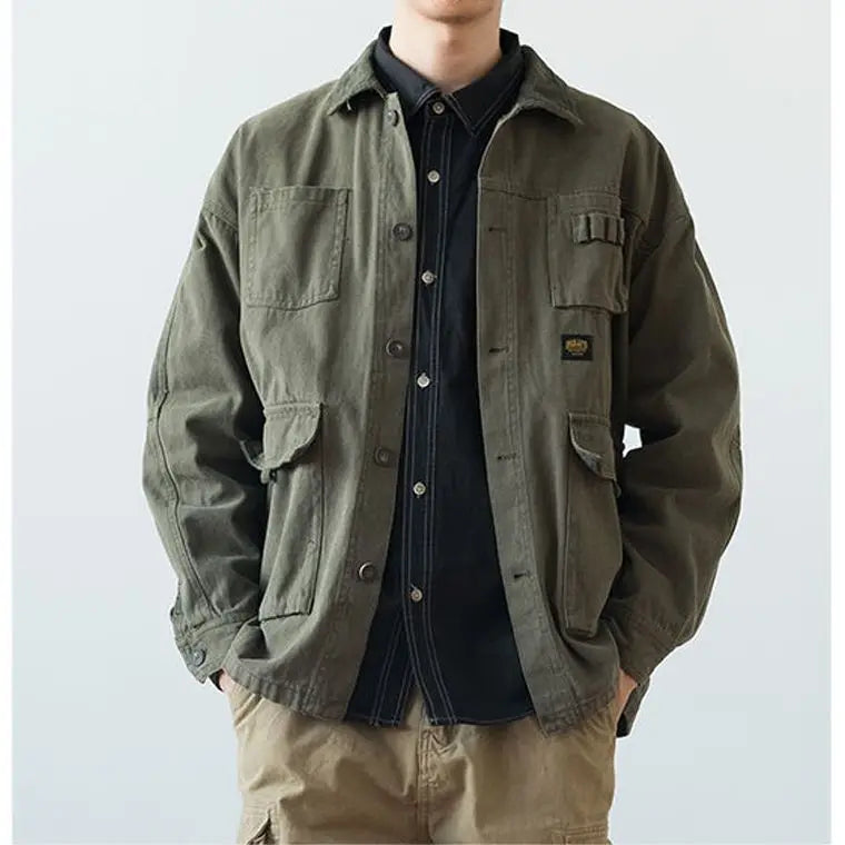 Vintage Army Green Cargo Denim Jacket Men Women Spring Autumn Clothing Harajuku Coat Korean Fashion Military Casual Workwear voguable