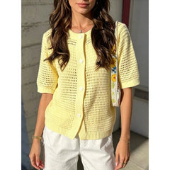 Voguable  Korean Fashion Hollowed Out Round Neck Casual Short Sleeved Cardigan Summer New Solid Color Elegant Women's Knitted Tops voguable