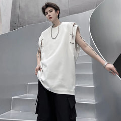 Voguable Stylish High Street Original Sleeveless T-shirts Men's 2024 Summer New Trendy Metal Buckle Decorate Male Vets Tops voguable