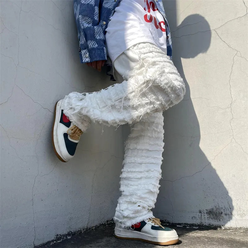 White Hip Hop Jeans Striped Tassel Frayed Straight Baggy Jeans Pants Harajuku Male Female Solid Streetwear Casual Denim Trousers voguable