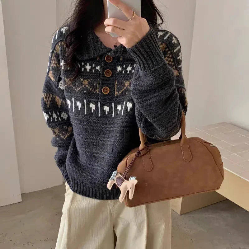 Retro Women Print Sweater Casual Korean Lazy Wind Sweet Knitted Jumpers Fall Winter Lady Long Sleeve Vintage Soft Pullover voguable