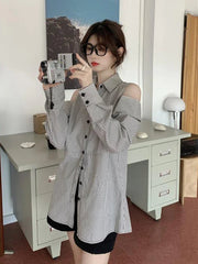 Hollow Out Striped Shirt Women Casual Long Sleeve Off Shoulder Blouse Korean Vintage Loose Design Female Retro Elegant Top voguable