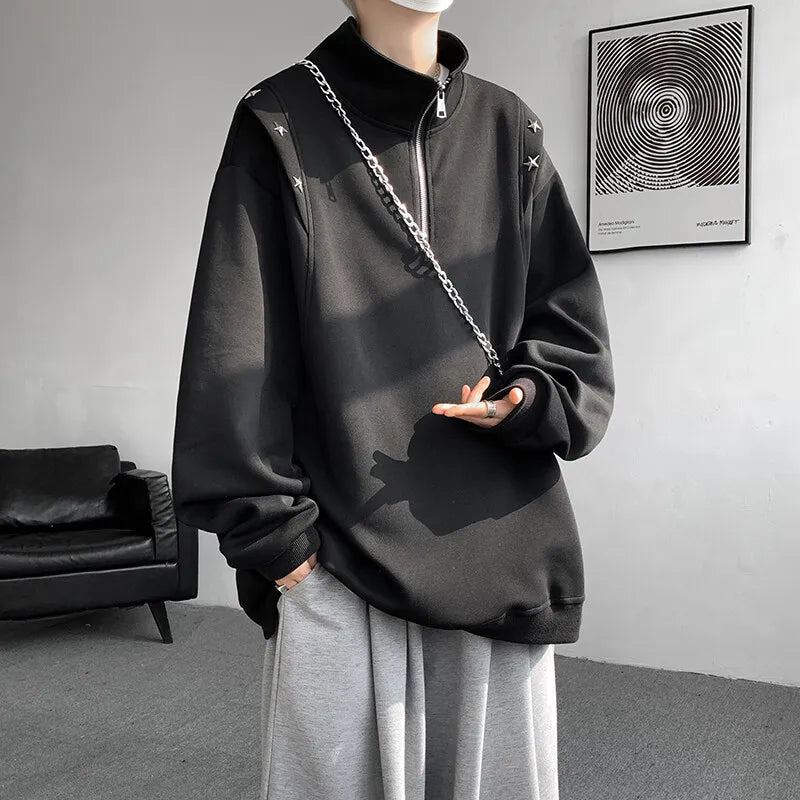 Men hoodie  Stand Collar Half Zip Sweatshirt Star Shoulder Design 2025 New Fashion Casual Streetwear Comfort Athletic Pullover voguable