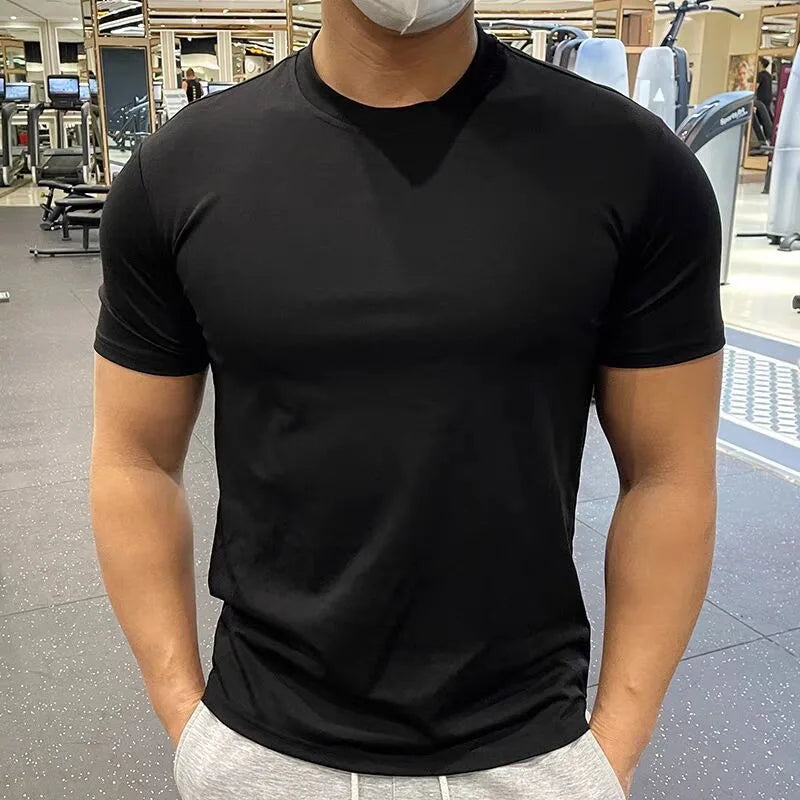 Ice Silk Gym T-shirt Men Summer O-Neck Tight Elasticity Quick Dry Short Sleeves Ultra-Light Casual Solid Running Sports T-Shirts voguable