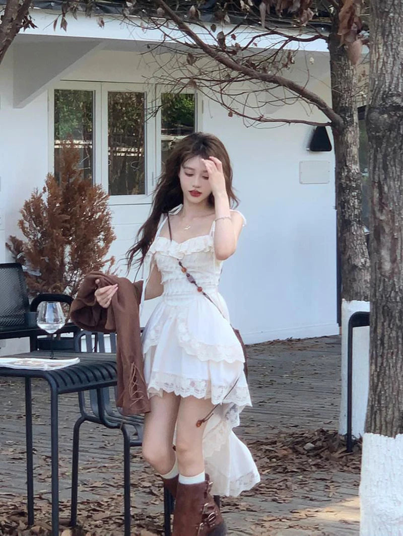 Voguable Y2K 2000S Irregular Midi Dress Women Fairy Lace Patchwork Strap One Pieces Dresses Summer Vacation Korean Bodycon Vestidos voguable