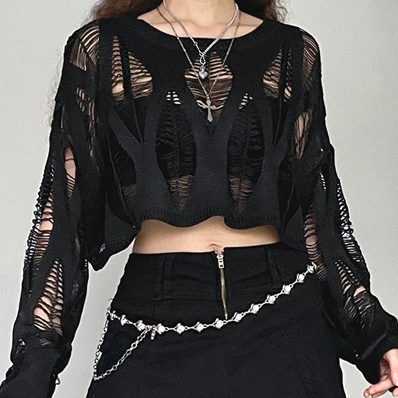 ITOOLIN Women Hole Hollow Out Y2K T-shirts Batwing Sleeve Knitted Shirt For Women Loose Streetwear Tops Spring Autumn 2024 voguable