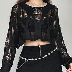 ITOOLIN Women Hole Hollow Out Y2K T-shirts Batwing Sleeve Knitted Shirt For Women Loose Streetwear Tops Spring Autumn 2024 voguable