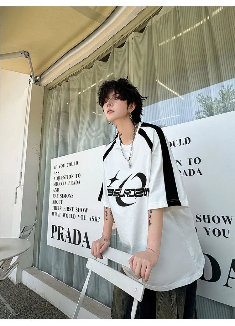 Voguable Letter Printed Splicing Design Fashion Handsome Short Sleeved T-shirts Summer New Trendy Korean Men's Street Tops voguable
