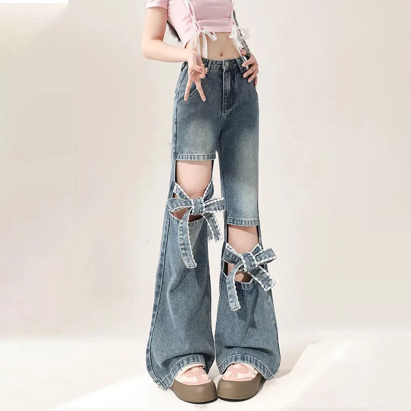 Voguable  High Street Hollow Strap Bow Jeans Women's Spring Summer New High Waist Slimming Spice Girls Denim Wide Leg Horn Pants voguable