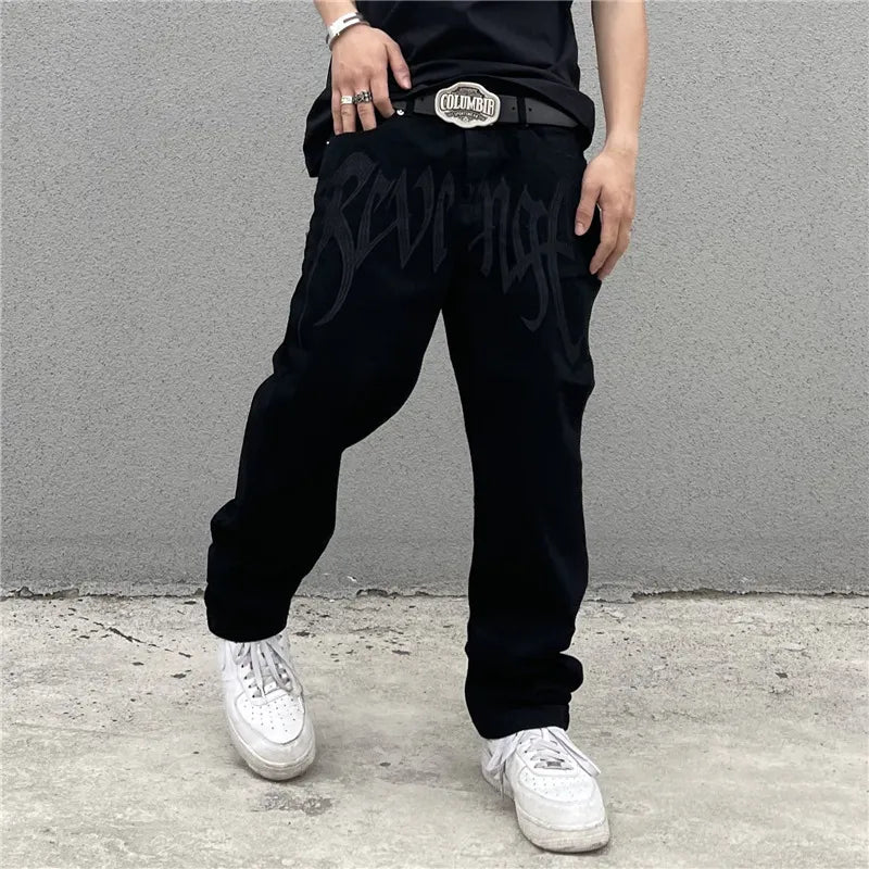 Y2K Black Baggy Jeans Men's New Streetwear American Retro Printed Letter Pants Straight Hip-hop Loose Denim Trousers voguable