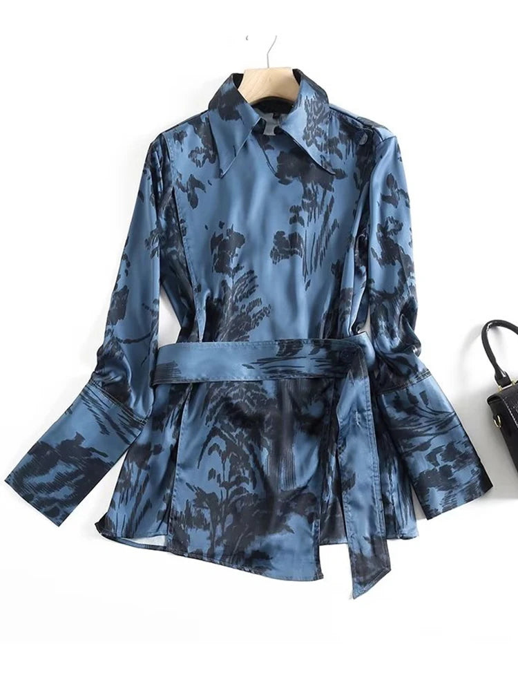 Voguable  New  Women Floral Print Wrap Shirt Long Sleeve With Belt Ladies Spring Vintage Blouse Tops voguable