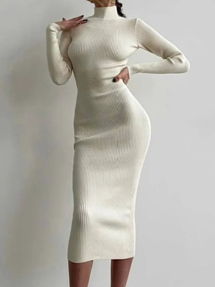 Knitted White Dress Women Elegant Fashion Turtleneck Bodycon Midi Dresses Female Autumn Winter Long Sleeve Slim Streetwear Dress voguable