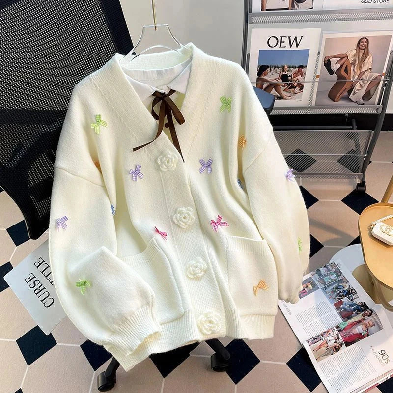 3D Floral Sweet Bow Cardigan Sweaters Women Preppy Style Loose V Neck Korean Knitted Jacket Casual Fashion Long Sleeve Fall Tops voguable