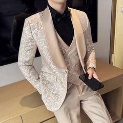Voguable  Luxury Premium Wedding Jacquard Three-Piece Suit Suitable For Men's Business Social Events Banquets And Wedding Occasions voguable