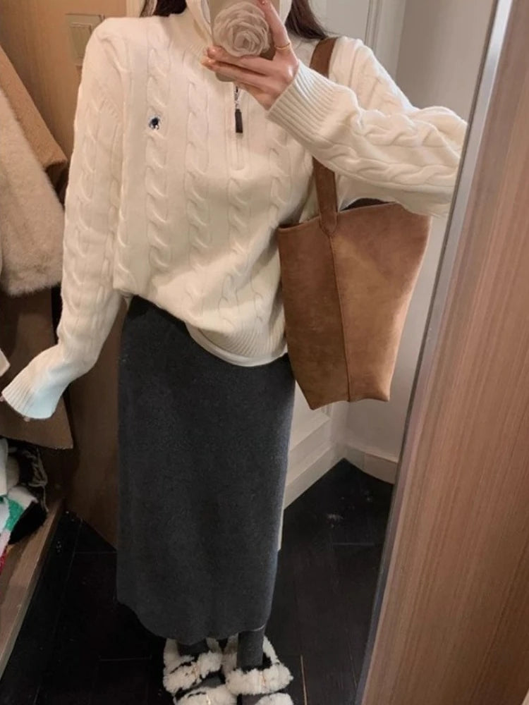 Voguable  Y2k Vintage Streetwear Knitted Pullovers Women Korean Style Casual Losse Zipper Solid Embroidery Sweater Autumn 2024 voguable