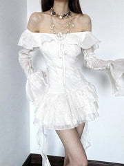 Sweet Ruffle Dress Women Y2K Sexy Off Shoulder Lace Up Long Sleeve Mini Dress Fashion Irregular Party Club Vestidos Mujer voguable