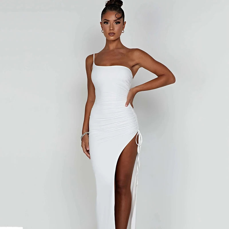 Drawstring High Slit Dress Women Sexy One Shoulder Slim Elastic Maxi Bodycon Party Pleated Vestidos Female Dresses voguable