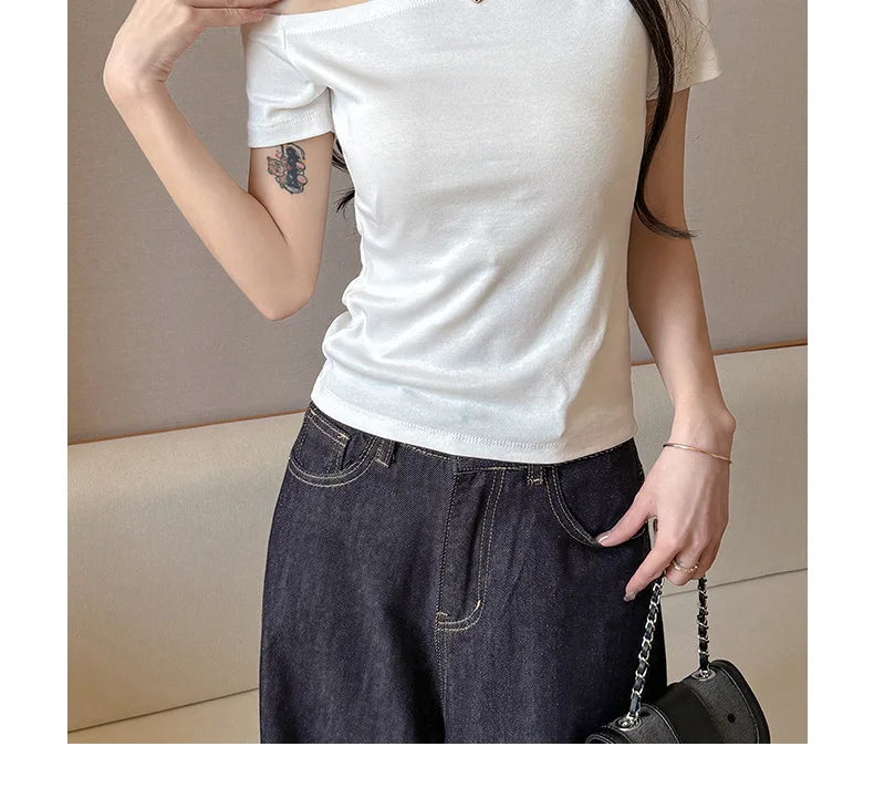 Solid Off Shoulder Short Sleeve T Shirt Simple Basic Sexy Single Sleeved Jumper Top Streetwear Slim Fit Female Y2K Clothes Tees voguable