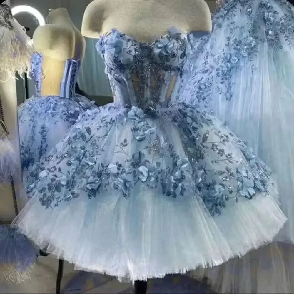 Glittering 3D Flowers Ball Gown Short Quinceanera Dresses Sweetheart Sleeveless Prom Party Dress Lace Corset Evening Dress voguable