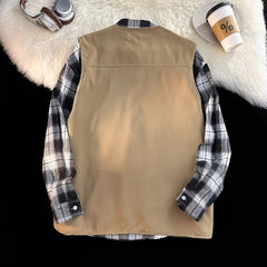 Voguable  Japanese Men's Autumn New Patchwork V-neck Zippered Pocket Fashion Solid Colo Loose Sports Versatile Sleeveless Vest Jacket voguable