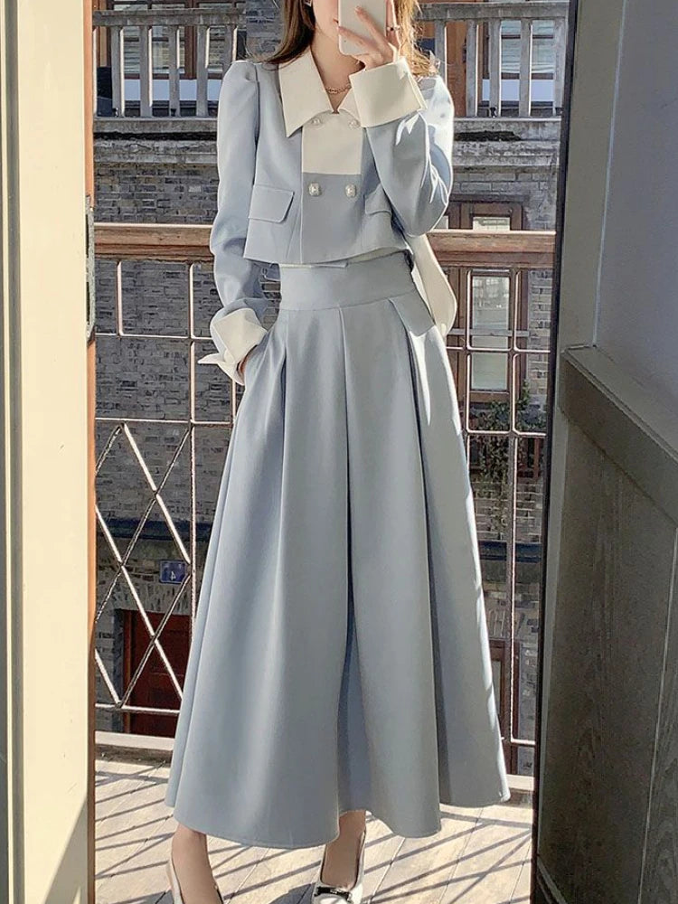Voguable  Autumn Elegant 2 Piece Dress Set Women Slim Vintage Party Office Lady Korean Suit Long Sleeve Crop Tops + Casual Midi Skirt voguable