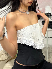 TARUXY Splice Lace Crop Tops Women Bodycon Sexy Off the shoulders Sleeveless Tank Top Women's Club Slim Hollow Out Clothing 2023 voguable