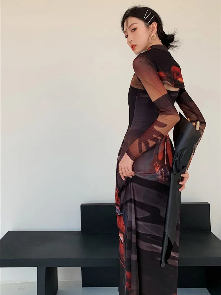 2 Piece Mesh Long Sleeve Punk Dress Women Turtleneck Long Midi Bodycon Ladies Dress Runway Fashion Designer Clothes voguable