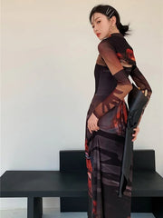 2 Piece Mesh Long Sleeve Punk Dress Women Turtleneck Long Midi Bodycon Ladies Dress Runway Fashion Designer Clothes voguable