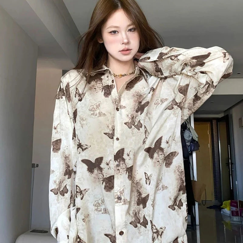 Vintage Harajuku Butterfly Print Shirt Women Y2K Oversized Single Breasted Female Shirt Streetwear Turn Down Collar Blouse Mujer voguable
