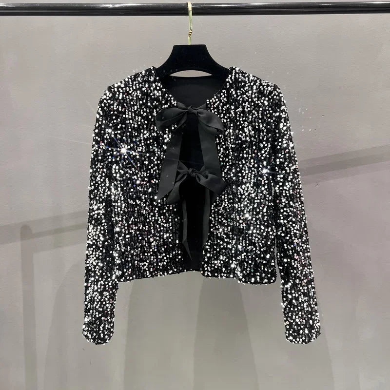 Voguable  Korean version name Warm air short version Small fragrant sequins Small suit Light ripe wind BINGBING bead lace-up bow top voguable