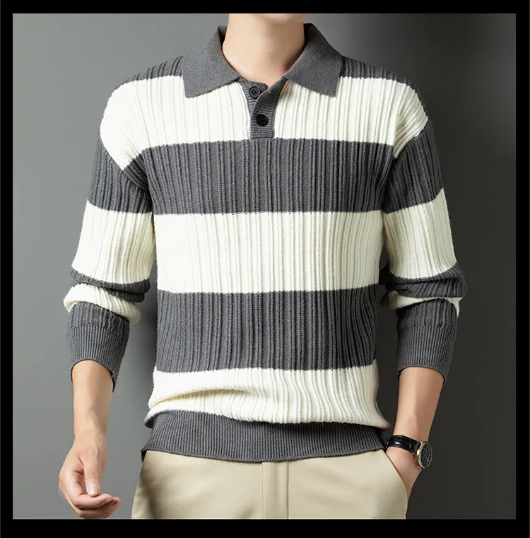 Voguable  Polo Shirt Luxury Men's Pullover Sweater Fashion Thick Warm Sweater Striped Casual T-shirt Men's Top Loose Knitwear voguable