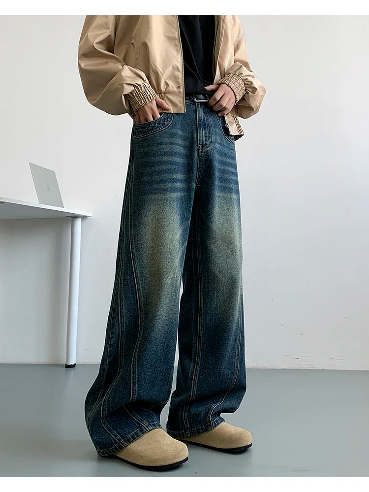 Winter Nostalgic Blue Jeans Men Chic Patchwork Loose Casual Denim Pants Wide Leg Male Straight Mopping Trouser Streetwear voguable