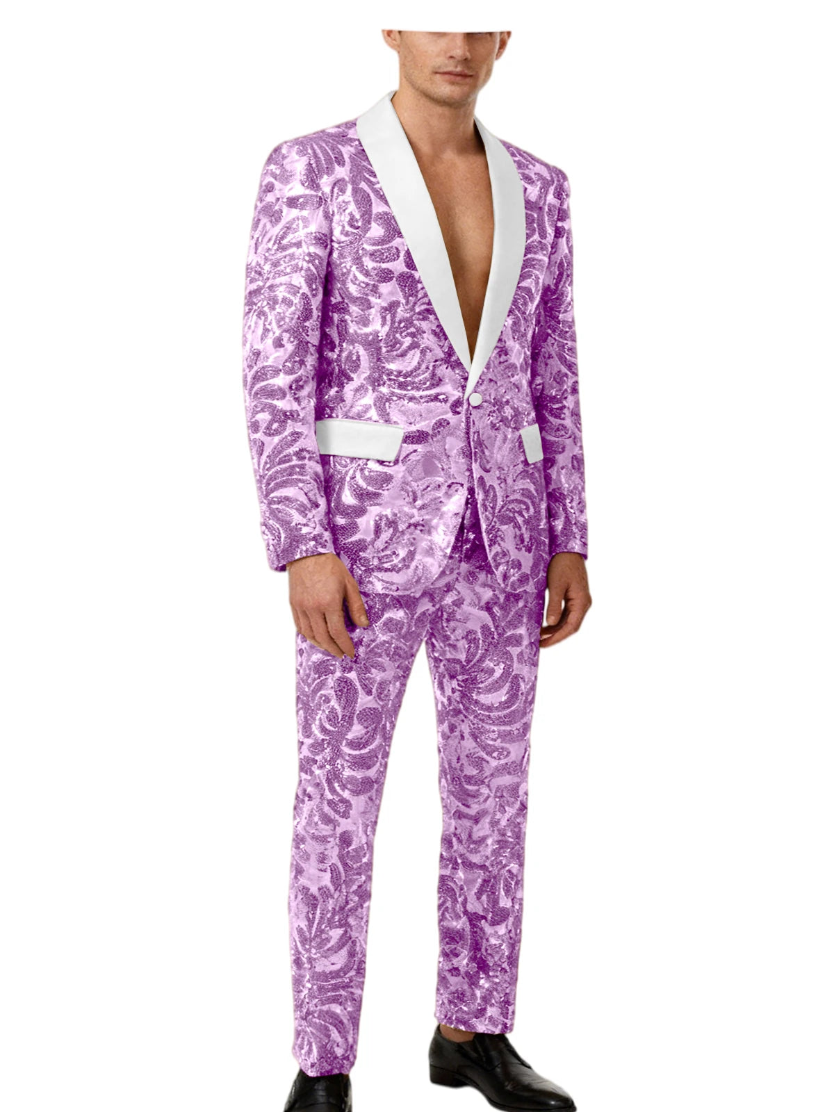 Voguable  Luxury Men's Sequin 2 Piece Set (Blazer+Pants) Shawl Collar 1 Button Slim Fit Sparkly Tuxedos Jacket Trousers for Wedding Party voguable