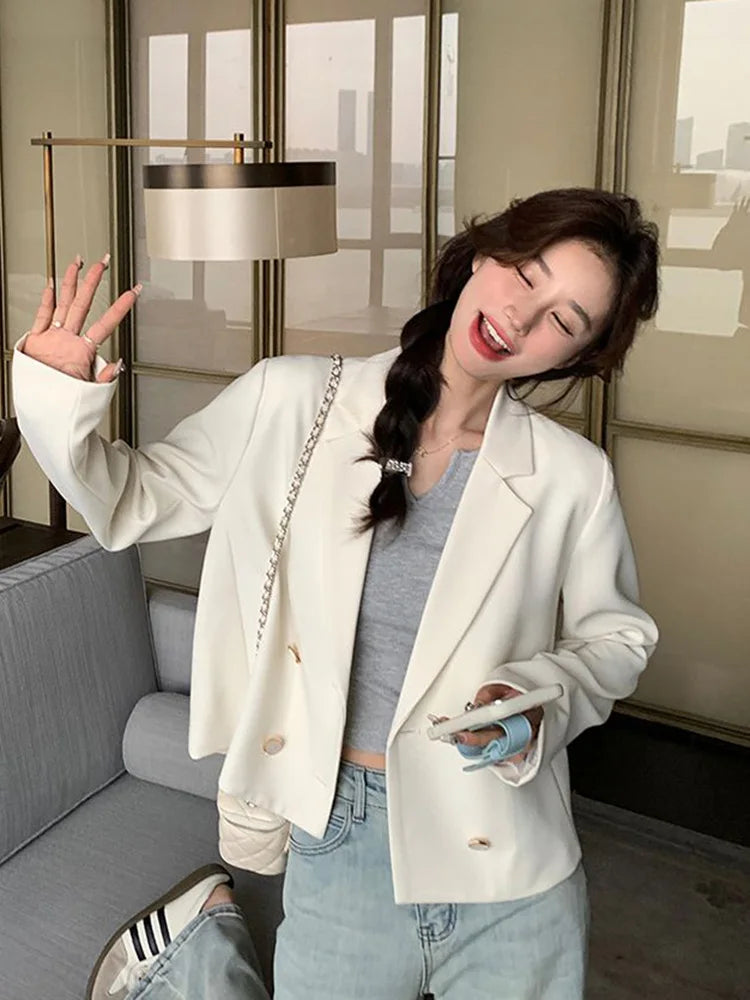 Elegant White Blazer Women Slim Long Sleeve Korean Sweet Suit Coat Casual Fashion Fall Double Breasted Female Chic Short Outwear voguable