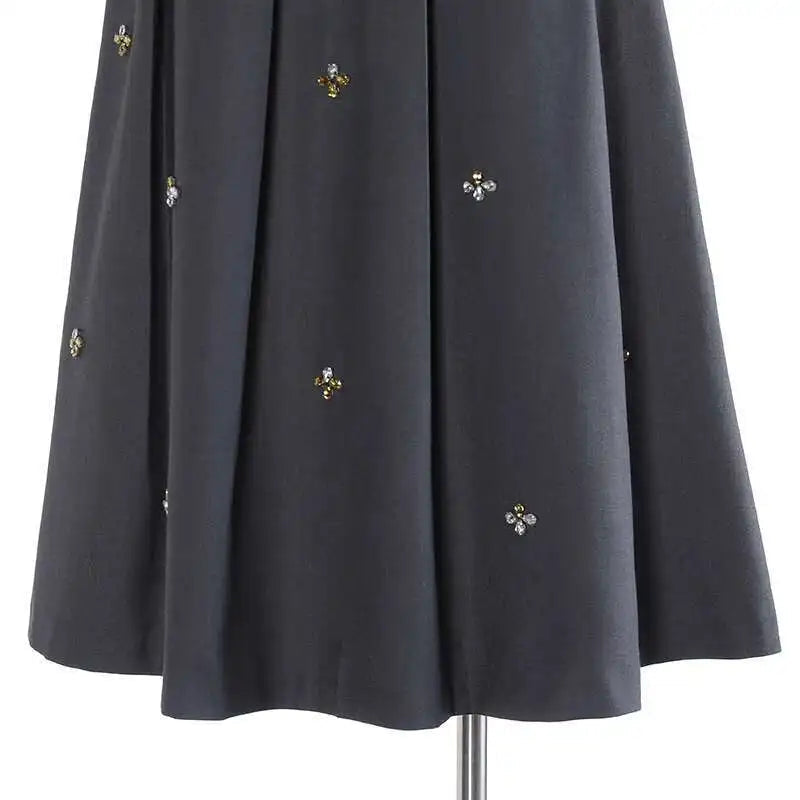 French Solid Ruffled Skirt Diamonds For Women High Wasit Causal Loose Mid Length Skirts Female Fashion New voguable