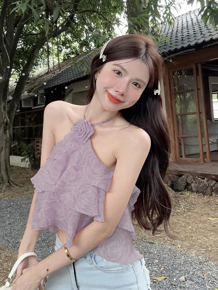 3D Floral Sweet Halter Tanks Women Elegant Fashion Sexy Cropped Camis Tanks Summer Chic Female Backless All Match Top Tanks voguable