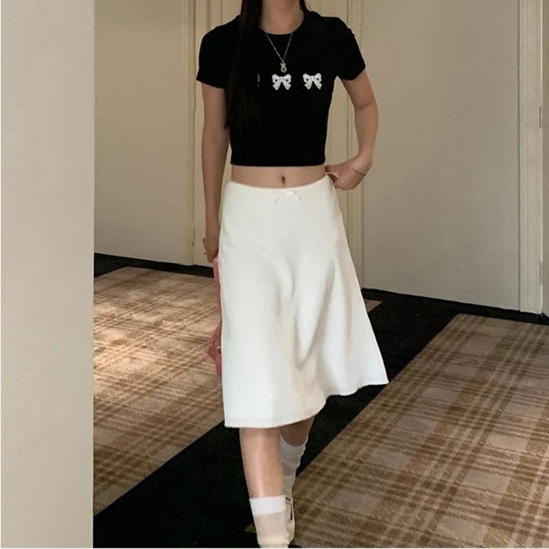 Elegant White Women Satin Skirt Fairycore Ruffle Mid Skirts Coquette A-line Basic Casual Korean Style Summer Silk Skirt voguable