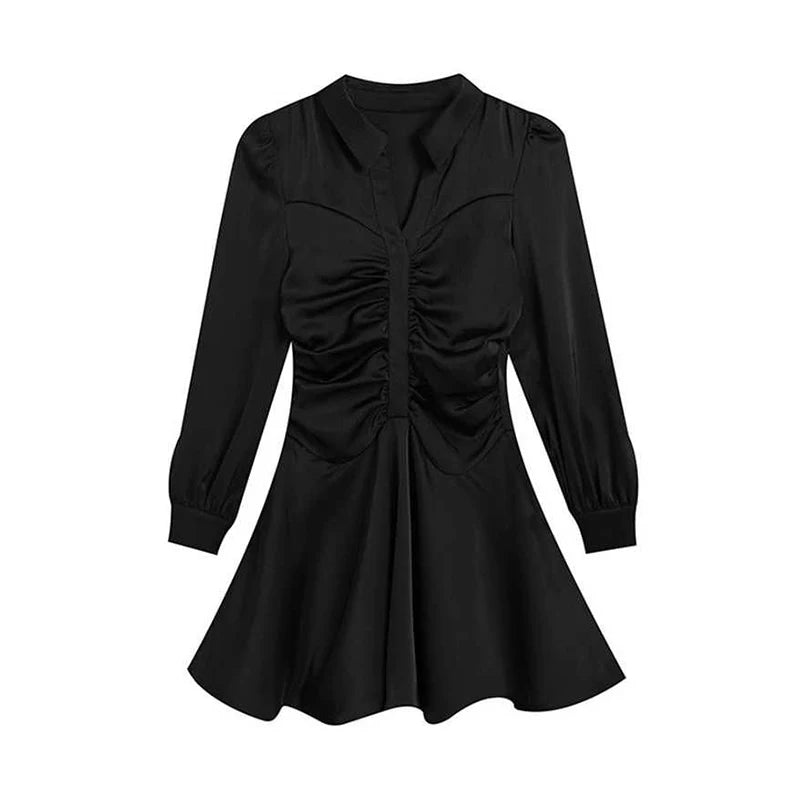 Voguable  Elegant Glossy Satin Mini Dress Women Turn Down Collar Bubble Sleeve Ruched Slim High Waist Flowy A Line Shirt Dresses voguable
