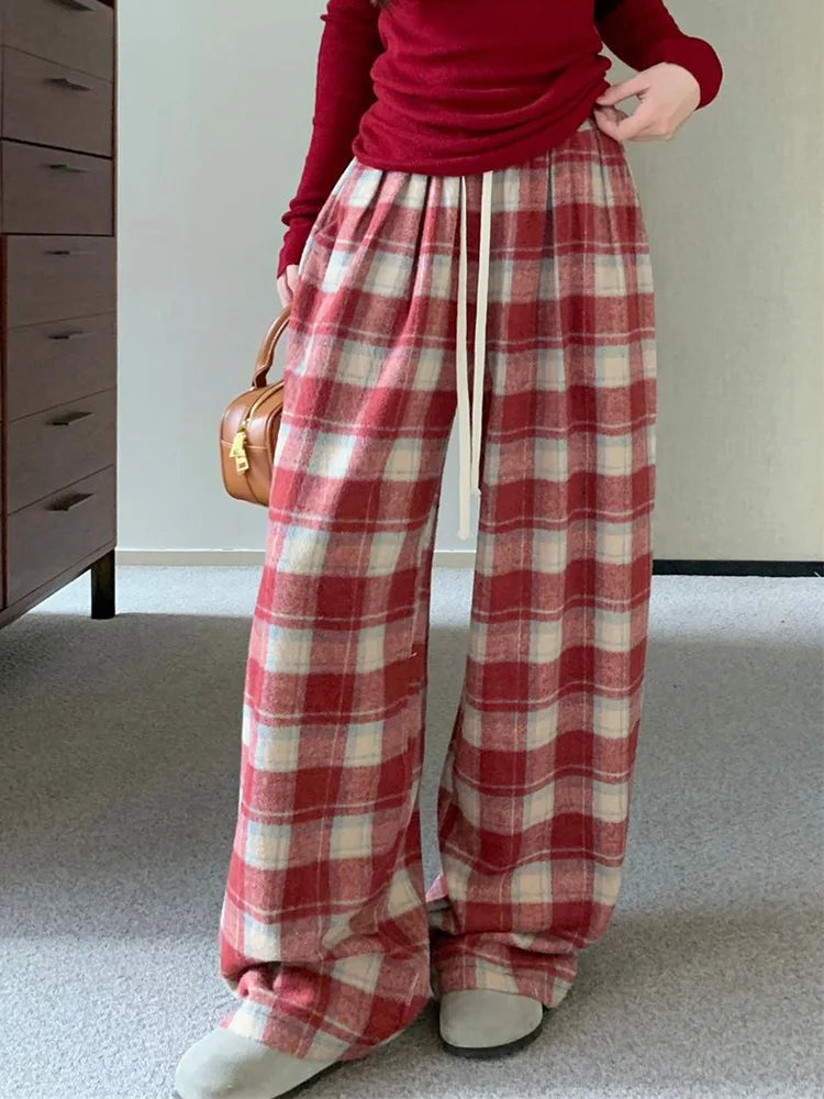 Vintage Faux Woolen Plaid Pant Women High Waist Soft Loose Wide Leg Trousers Casual Female Fall Winter Pockets Retro Y2K Pants voguable