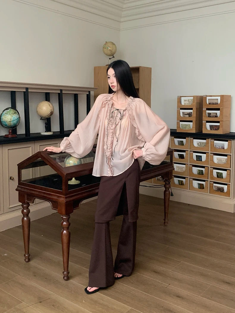 Fall 2025 Fashion Woman Ruffle Lantern Sleeve Sheer Blouse Women V Neck Bandage Oversize Top Designer Fashion Clothes voguable