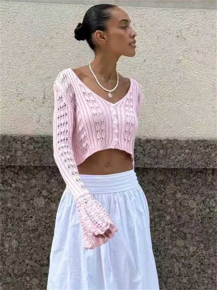Knitwear Hollow Out Sweater Cardigan Women V-Neck Long Sleeve See-Through Cropped Top Summer Knit Patchwork Cardigan Top voguable