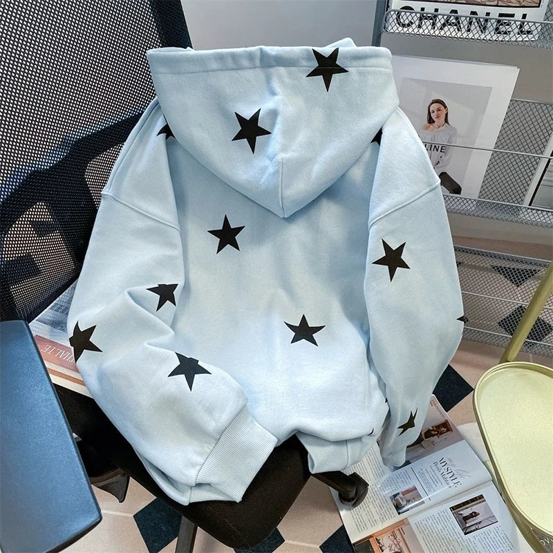 Stars Print Hoodies Women Vintage Streetwear Long Sleeve Loos Blue Sweatshirts Casual Pockets Lace Up American Fall Tops voguable
