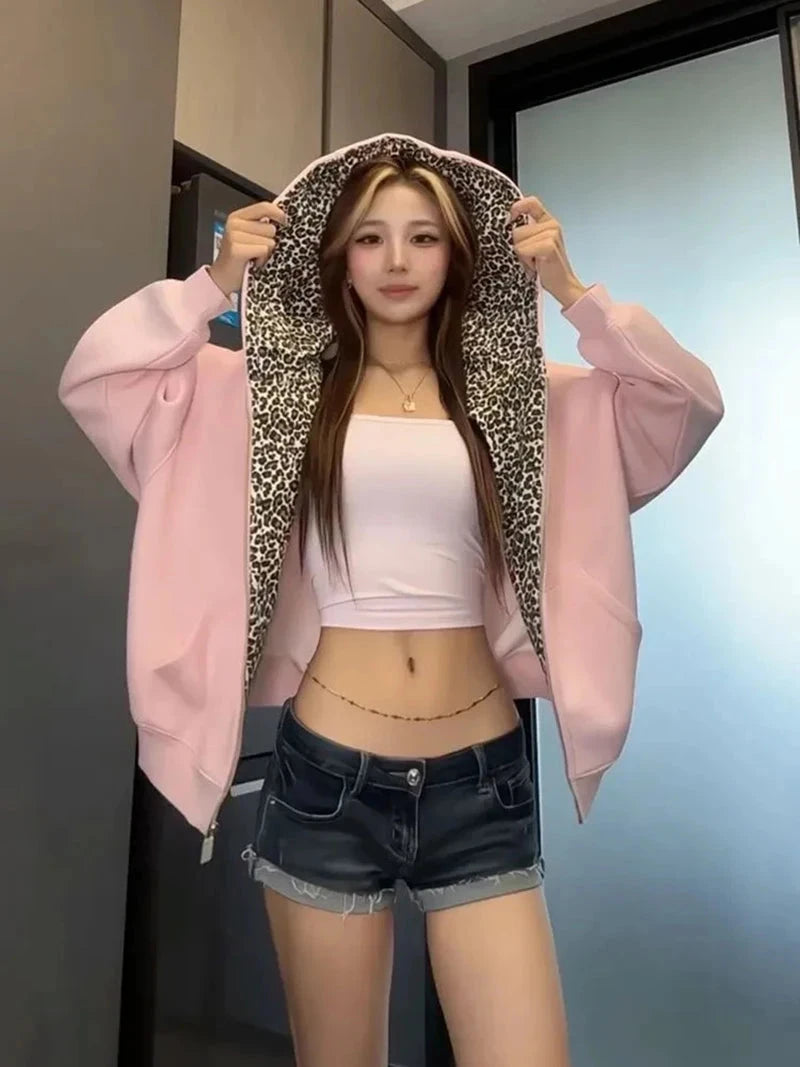 Leopard Vintage Pink Hoodies Women Loose Hip Hop Streetwear Y2K Sweatshirt American Casual Fall Winter Long Sleeve New Tops voguable