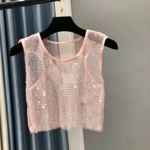 Voguable  Hot Girl Y2k Small Vest Summer New H Vest with Short Vest and Shiny Women's Round Neck Top voguable