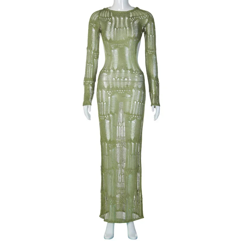 TARUXY See Through Backless Sexy Dress For Women Summer Hollow Out Kintted Maxi Dresses Femme Club Fashion Solid Vestido Woman voguable