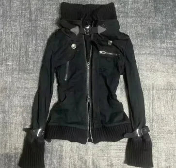 Voguable  Autumn Korean Vintage Black Slim Fit Spicy Girl Short Jacket with Gothic Metal Buckle Waist Closure Niche Design Versatile Top voguable
